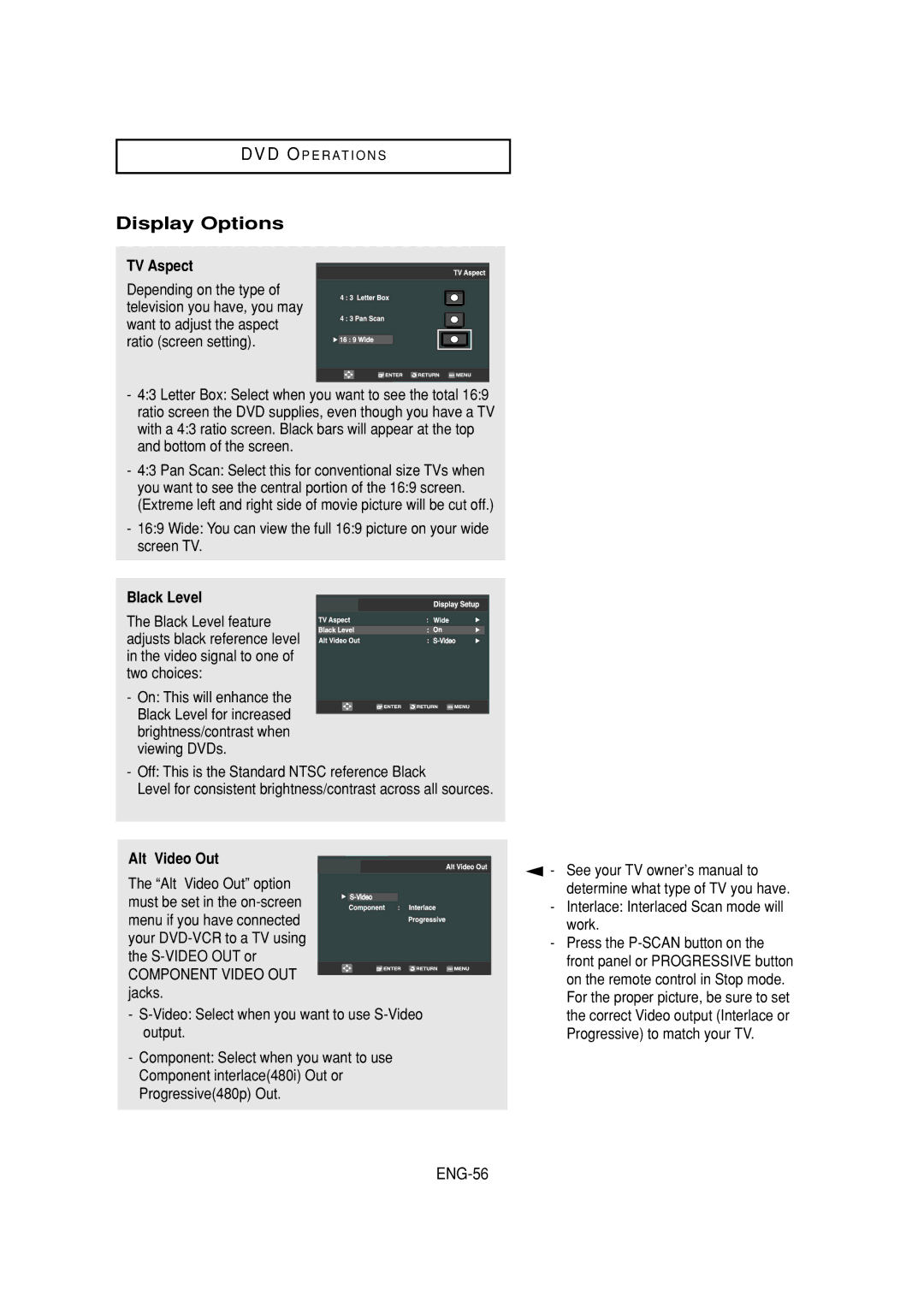 Samsung DVD-V6700 instruction manual Display Options, ENG-56, TV Aspect, Black Level, Alt Video Out 