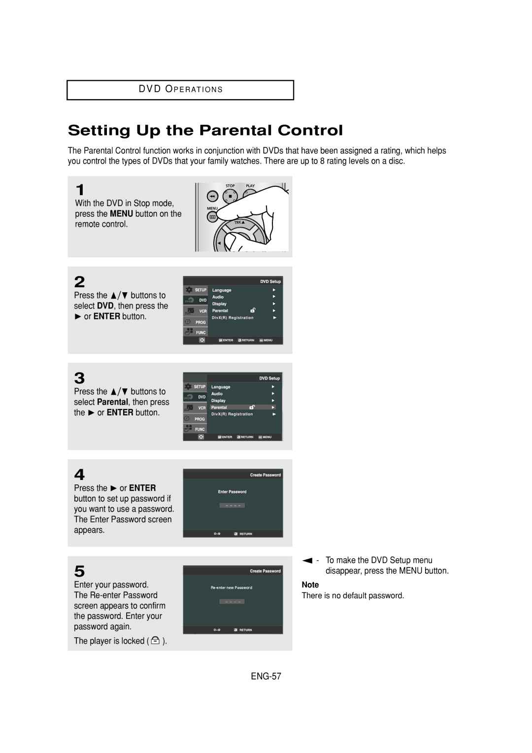 Samsung DVD-V6700 instruction manual Setting Up the Parental Control, ENG-57, Player is locked 