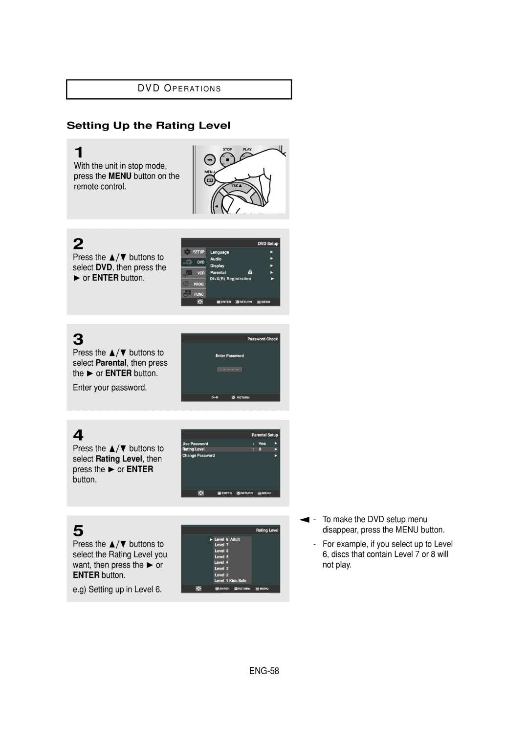 Samsung DVD-V6700 instruction manual Setting Up the Rating Level, ENG-58, Not play 