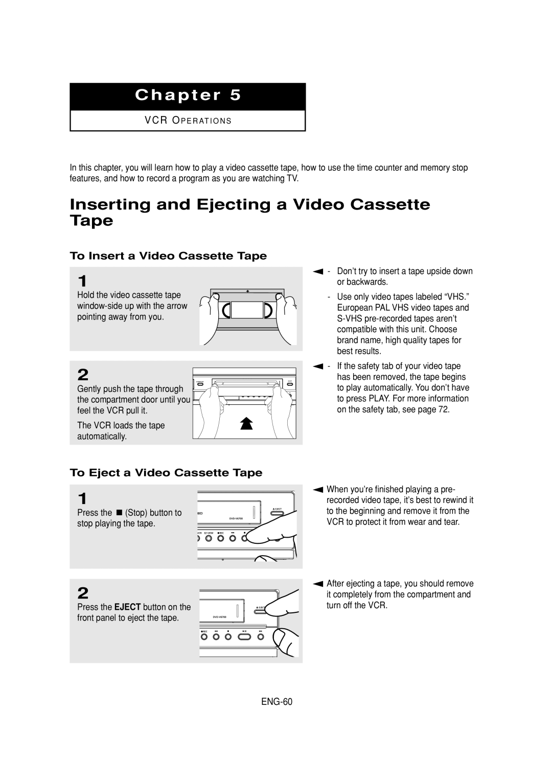 Samsung DVD-V6700 instruction manual Inserting and Ejecting a Video Cassette Tape, To Insert a Video Cassette Tape, ENG-60 