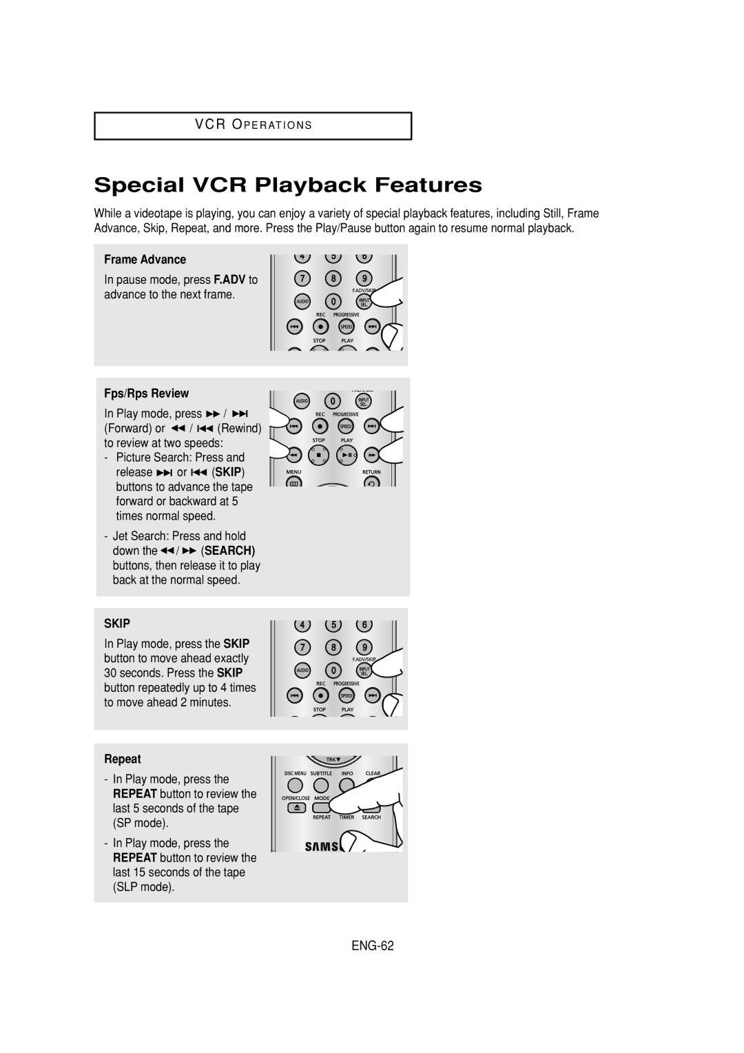 Samsung DVD-V6700 instruction manual Special VCR Playback Features, ENG-62, Frame Advance, Fps/Rps Review, Repeat 