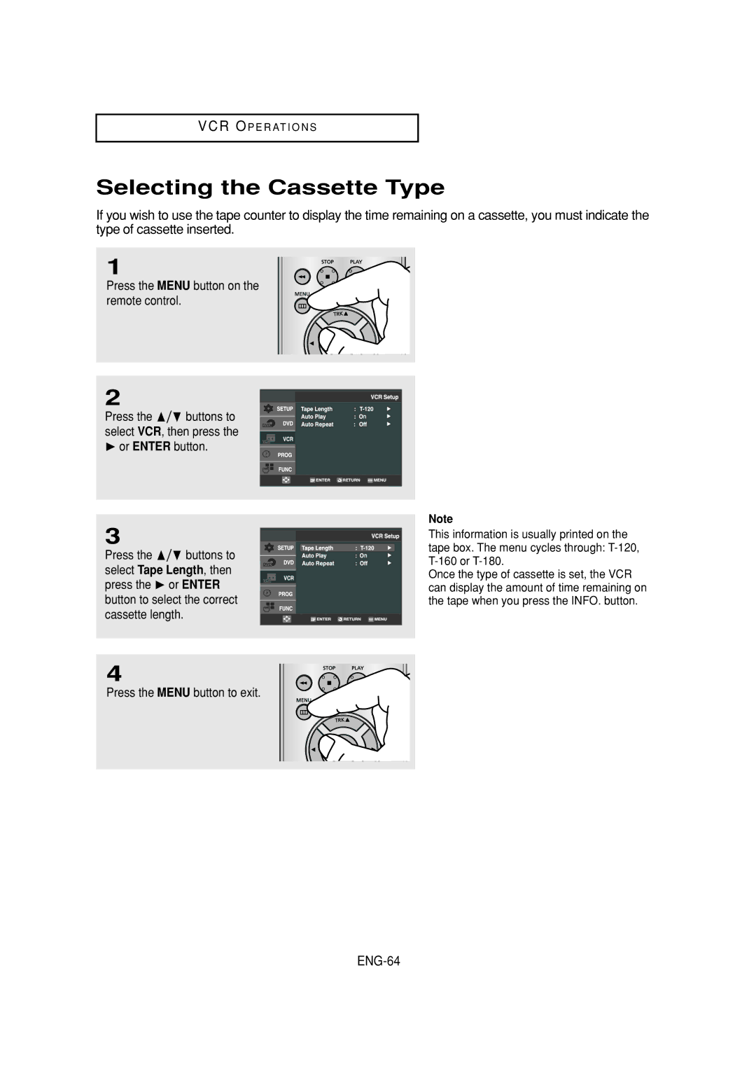 Samsung DVD-V6700 Selecting the Cassette Type, ENG-64, Press the Menu button on the remote control,  or Enter button 