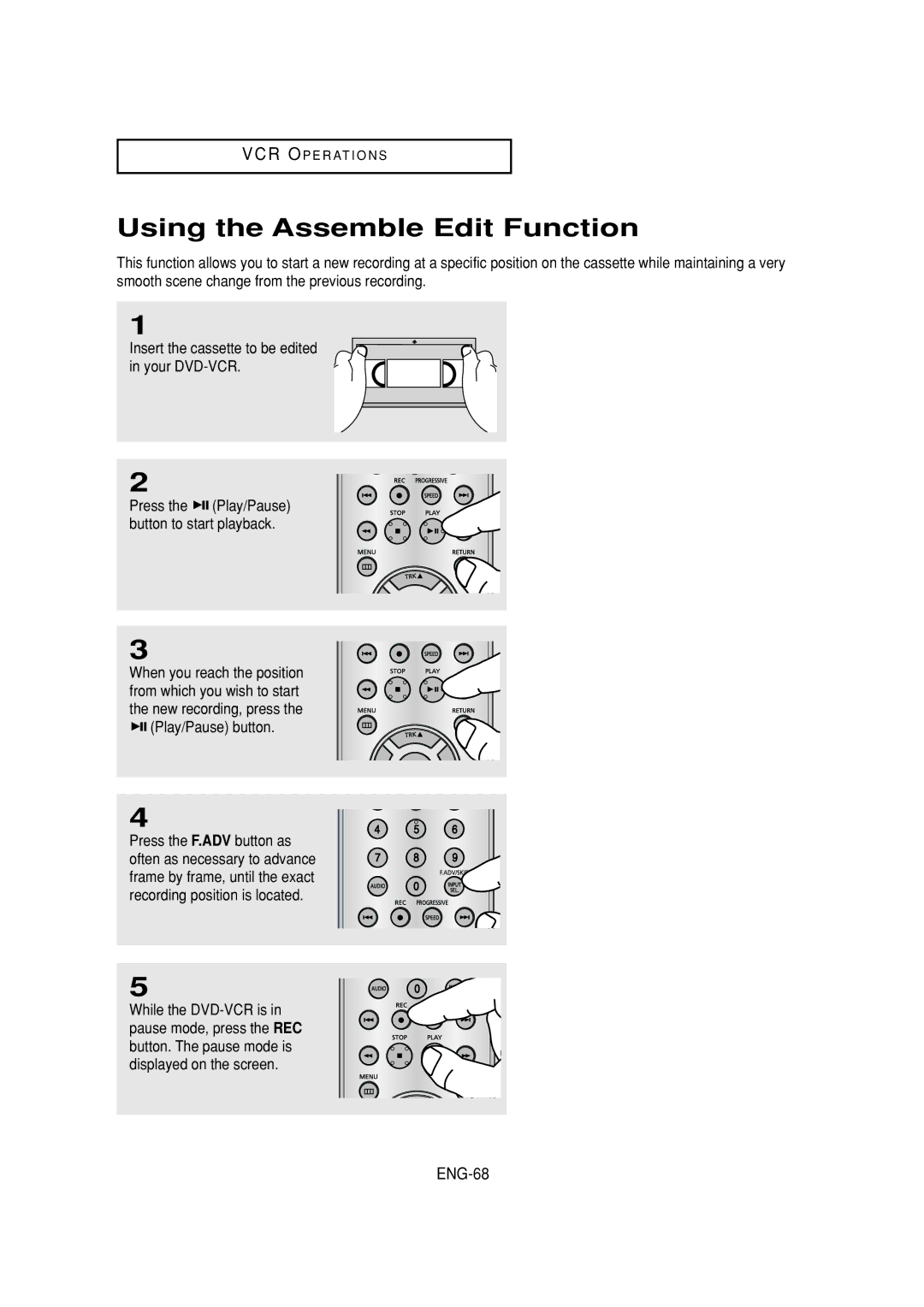 Samsung DVD-V6700 instruction manual Using the Assemble Edit Function, ENG-68 