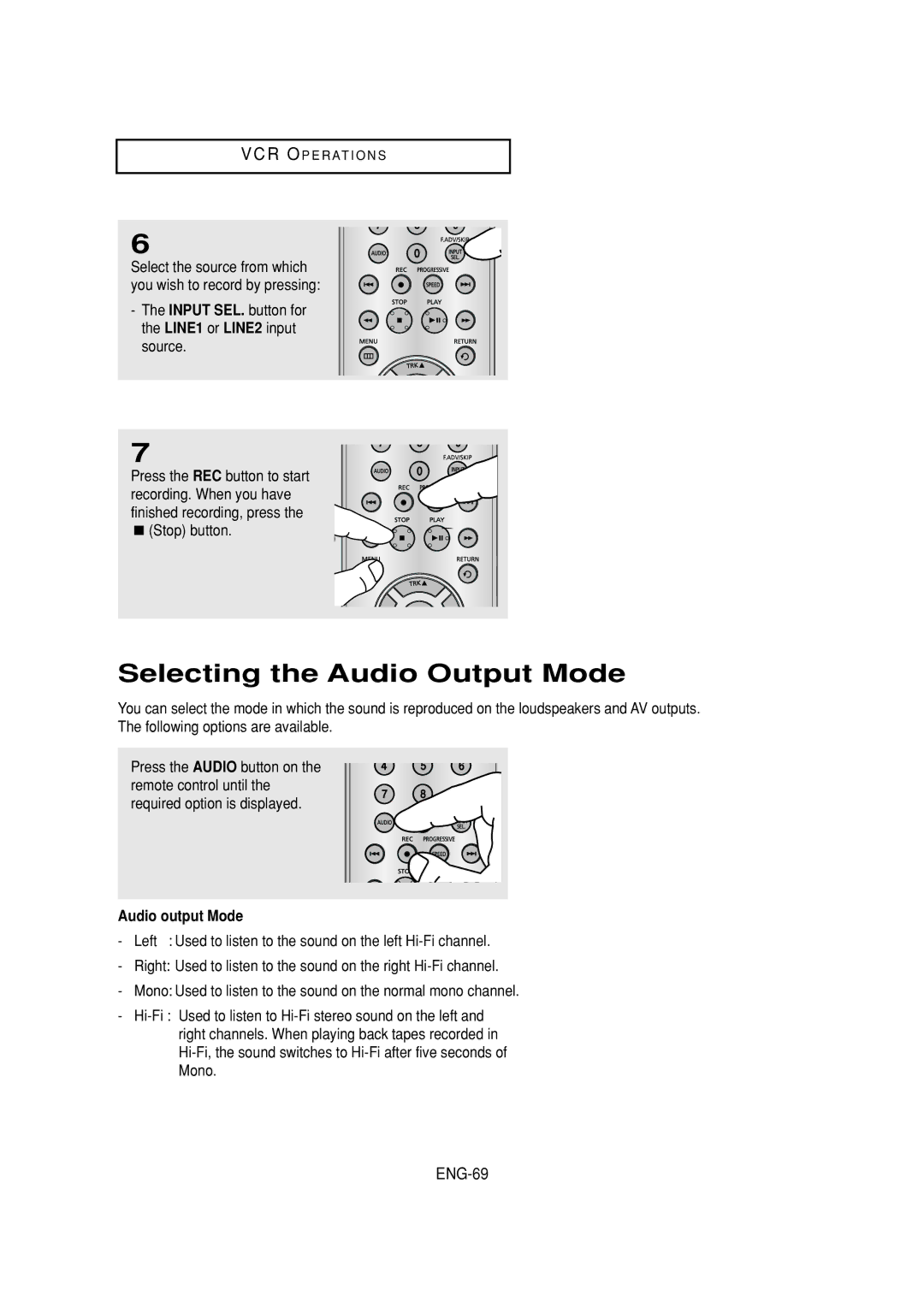 Samsung DVD-V6700 Selecting the Audio Output Mode, ENG-69, Input SEL. button for, LINE1 or LINE2 input source 