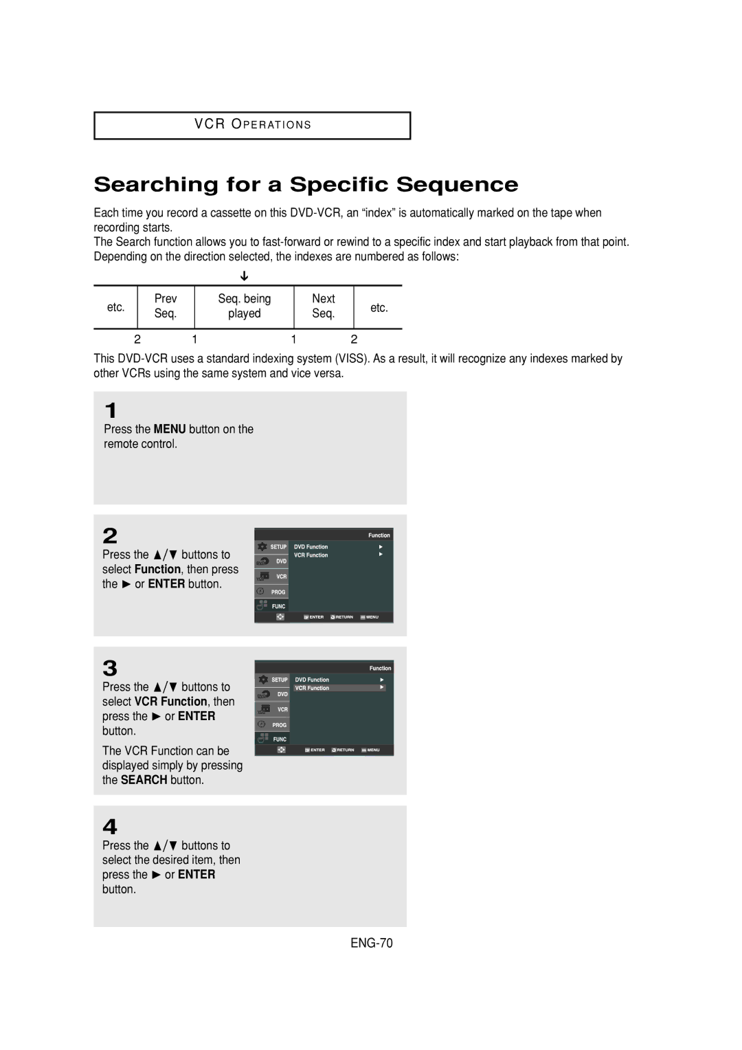 Samsung DVD-V6700 instruction manual Searching for a Specific Sequence, ENG-70, Prev, Next Etc Seq 