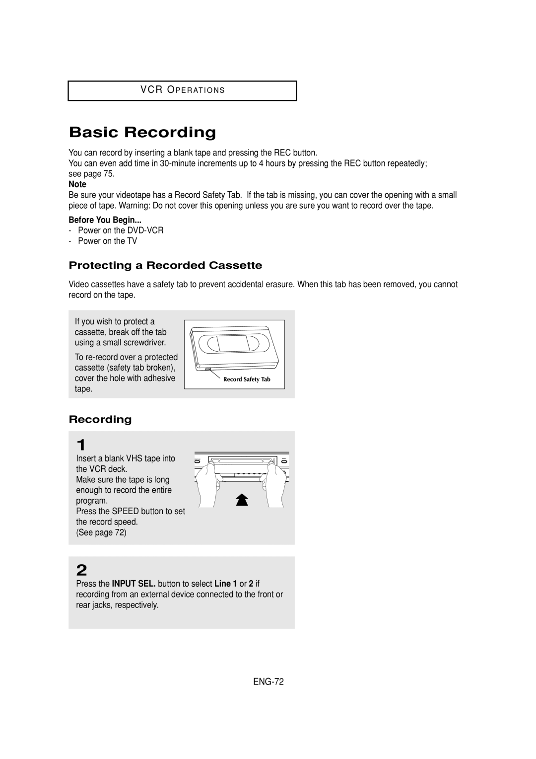 Samsung DVD-V6700 instruction manual Basic Recording, Protecting a Recorded Cassette, ENG-72, Before You Begin 