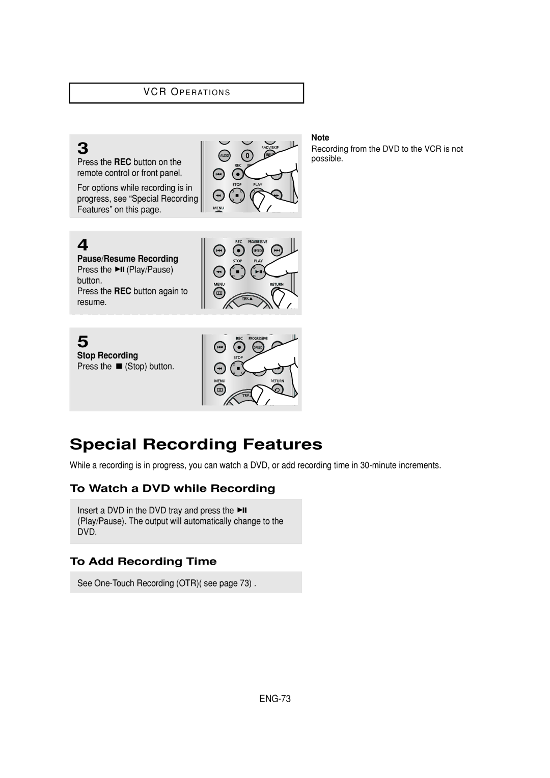Samsung DVD-V6700 Special Recording Features, To Watch a DVD while Recording, To Add Recording Time, ENG-73 