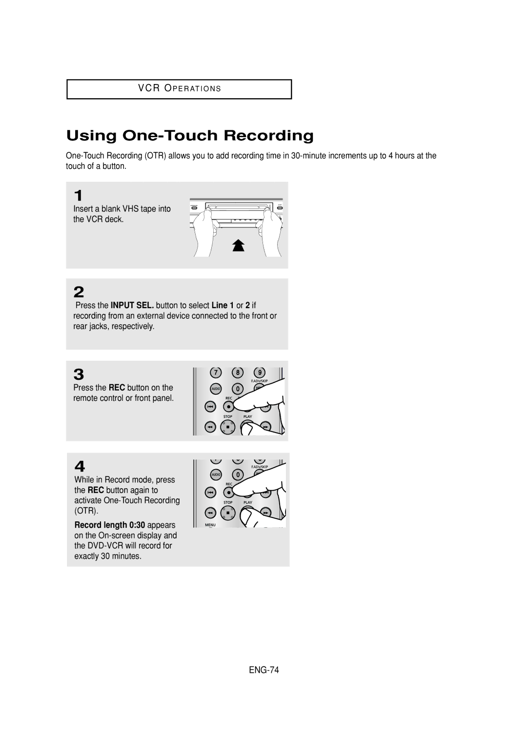 Samsung DVD-V6700 instruction manual Using One-Touch Recording, ENG-74 