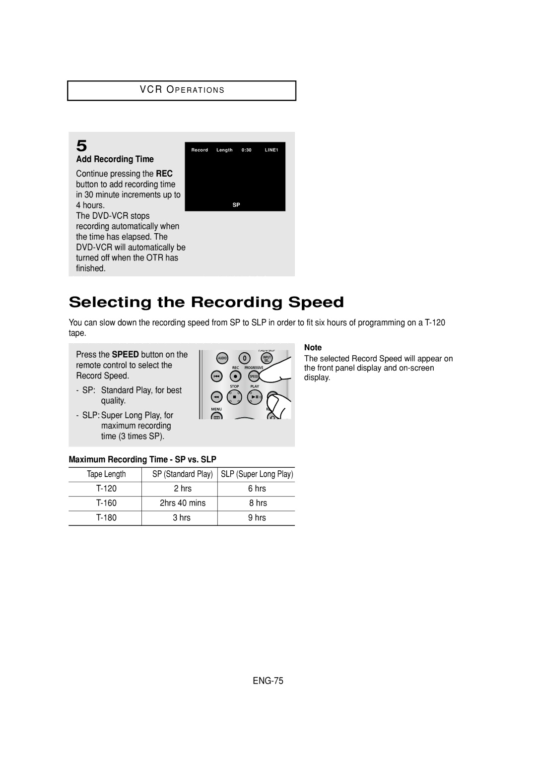 Samsung DVD-V6700 Selecting the Recording Speed, ENG-75, Add Recording Time, Maximum Recording Time SP vs. SLP 