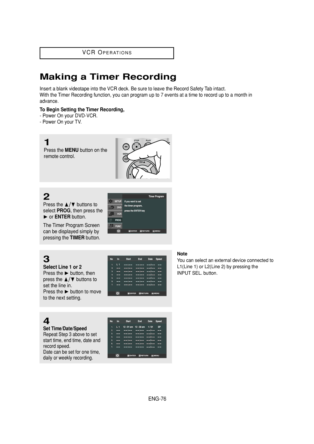 Samsung DVD-V6700 instruction manual Making a Timer Recording, ENG-76, To Begin Setting the Timer Recording 