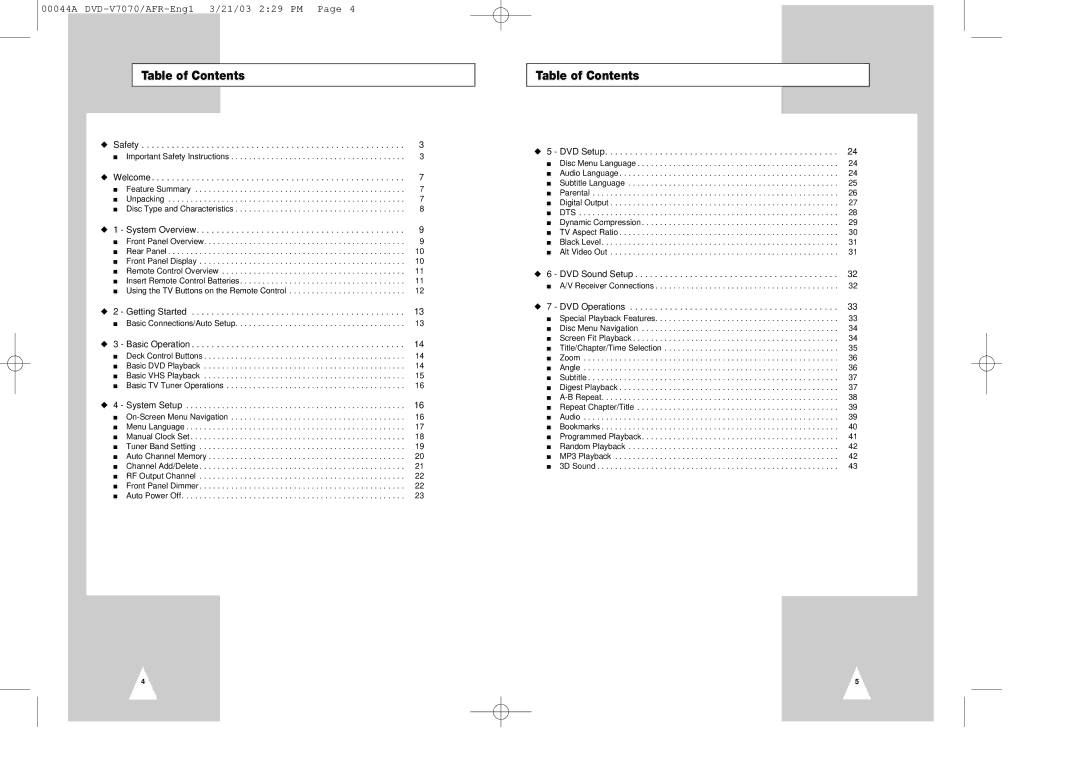 Samsung DVD-V7070 instruction manual Table of Contents 