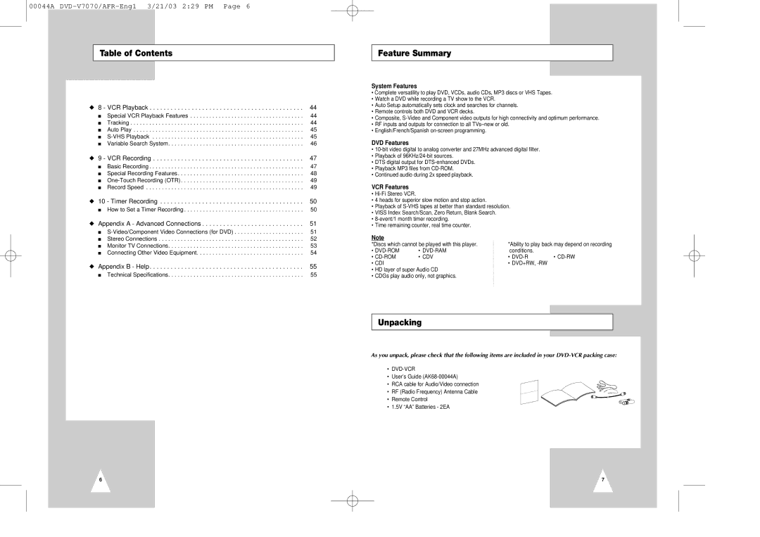 Samsung DVD-V7070 instruction manual Feature Summary, Unpacking, System Features, DVD Features, VCR Features 