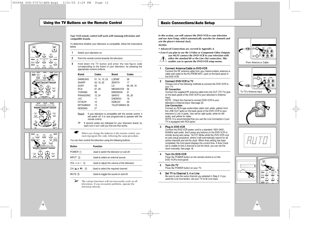 Samsung DVD-V7070 Brand Codes, Button Function, Connect Antenna/Cable to DVD-VCR, Connect DVD-VCR to TV, RF Connection 