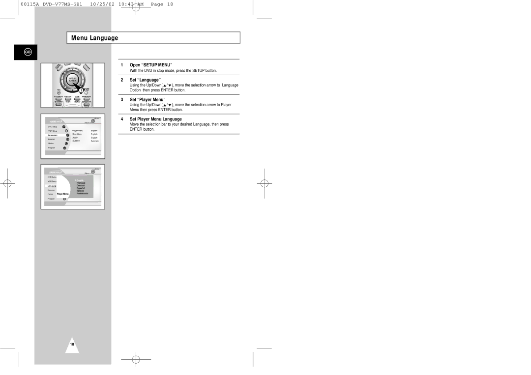 Samsung DVD-V77MS instruction manual Open Setup Menu, Set Language, Set Player Menu Language 
