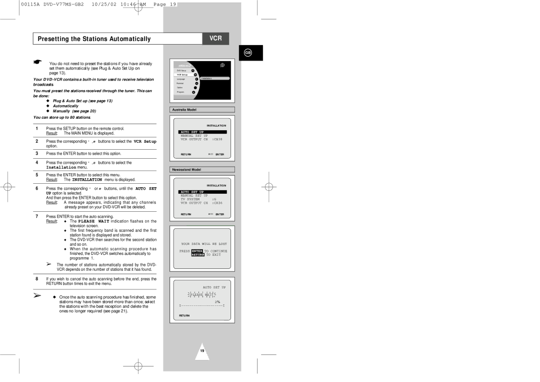 Samsung DVD-V77MS instruction manual Presetting the Stations Automatically, Vcr 