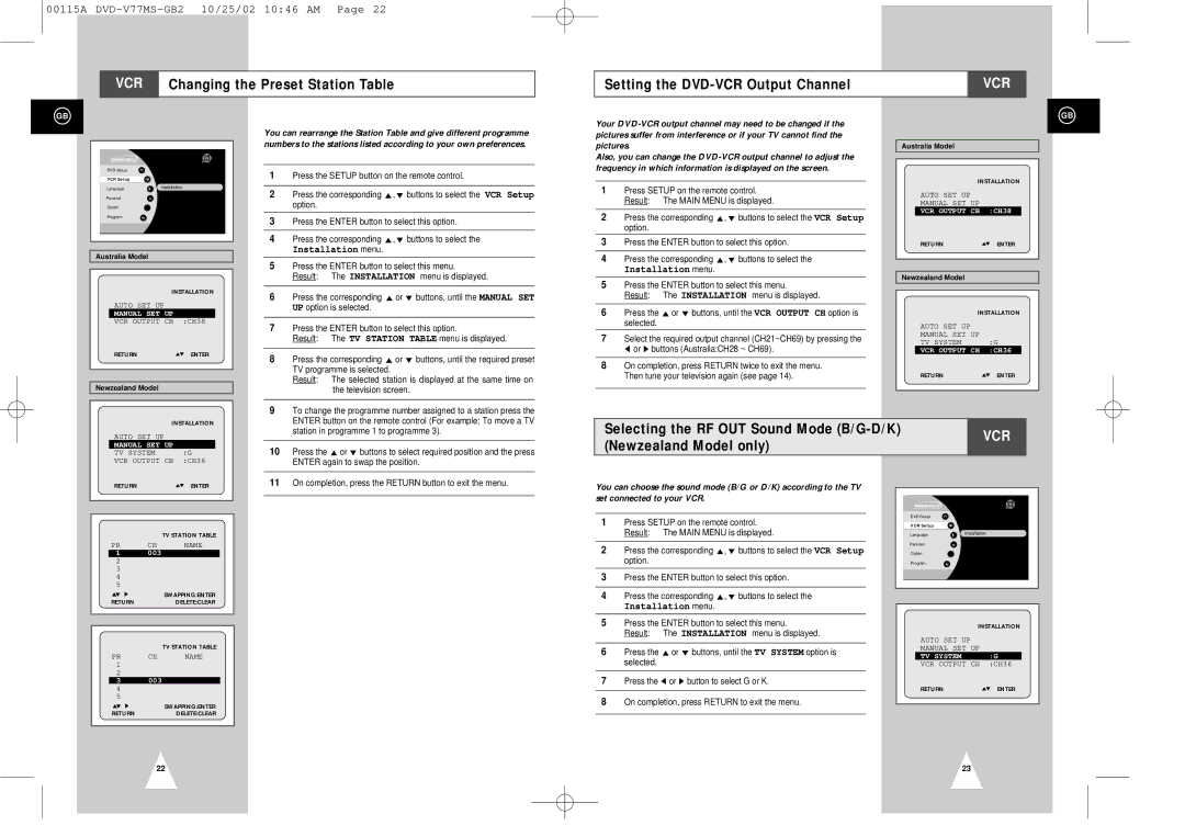 Samsung DVD-V77MS Setting the DVD-VCR Output Channel, Selecting the RF OUT Sound Mode B/G-D/K, Newzealand Model only 