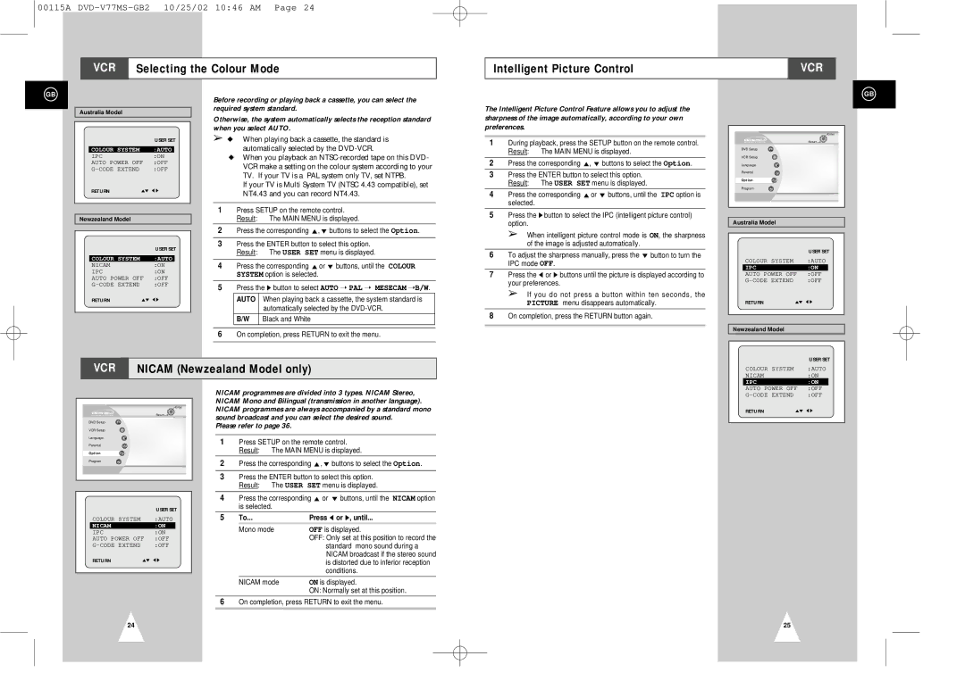 Samsung DVD-V77MS VCR Selecting the Colour Mode Intelligent Picture Control, VCR Nicam Newzealand Model only 