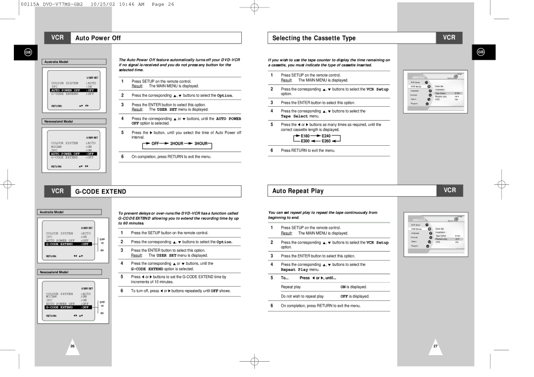 Samsung DVD-V77MS VCR Auto Power Off Selecting the Cassette Type, Auto Repeat Play, OFF 2HOUR 3HOUR, E180 E240 E300 E260 