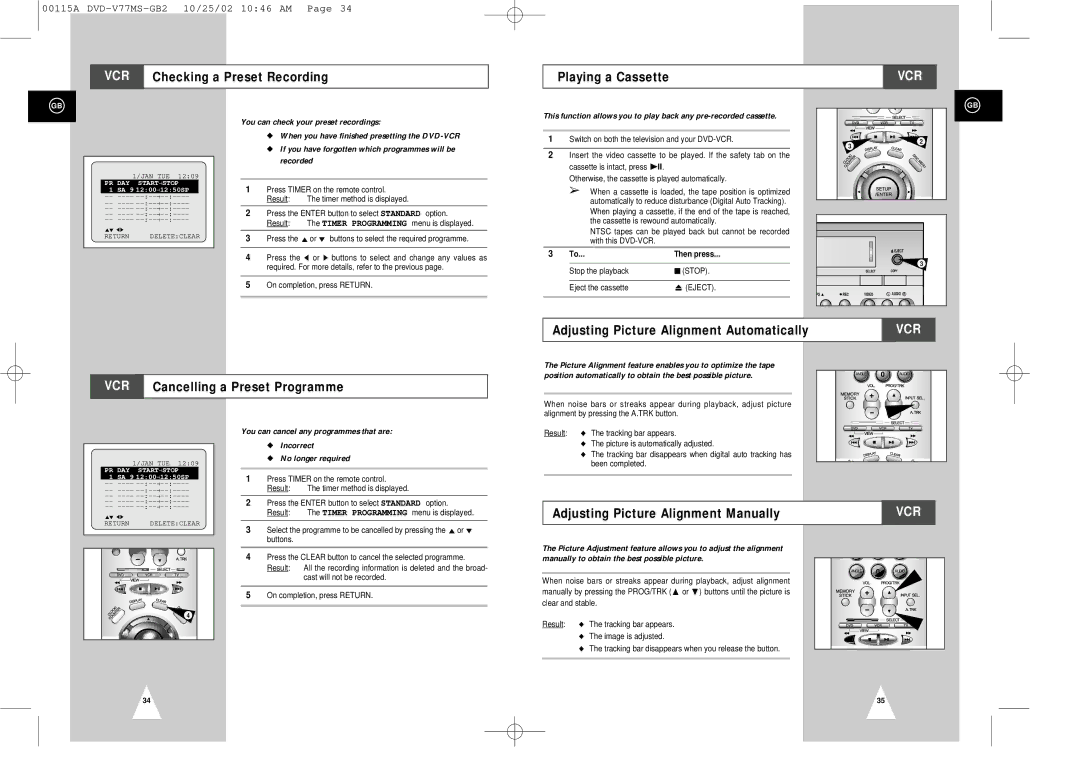 Samsung DVD-V77MS instruction manual Adjusting Picture Alignment Automatically, VCR Cancelling a Preset Programme 