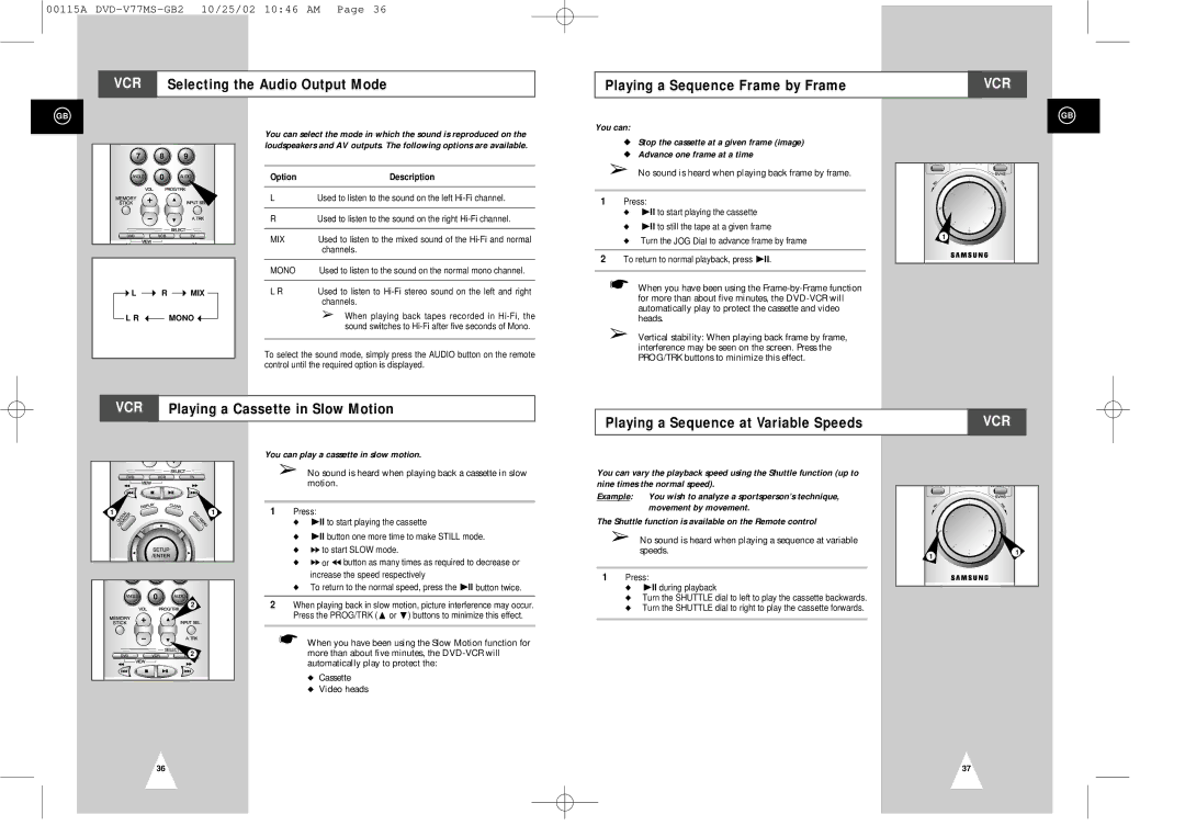Samsung DVD-V77MS Playing a Sequence at Variable Speeds, You can play a cassette in slow motion, MIX Mono 