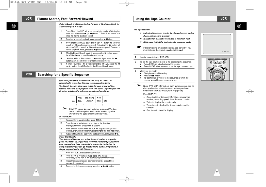 Samsung DVD-V77MS Picture Search, Fast Forward/Rewind Using the Tape Counter, Searching for a Specific Sequence 