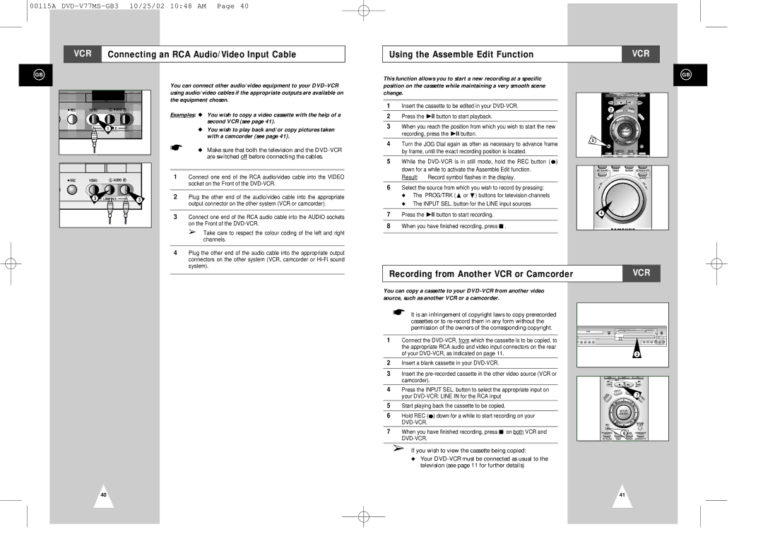 Samsung DVD-V77MS Using the Assemble Edit Function, Recording from Another VCR or Camcorder, Equipment chosen 