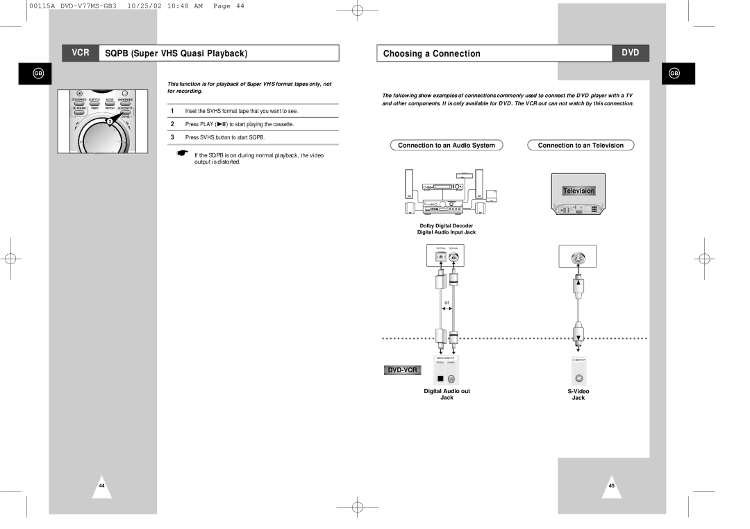 Samsung DVD-V77MS VCR Sqpb Super VHS Quasi Playback Choosing a Connection, Jack, Connection to an Television 