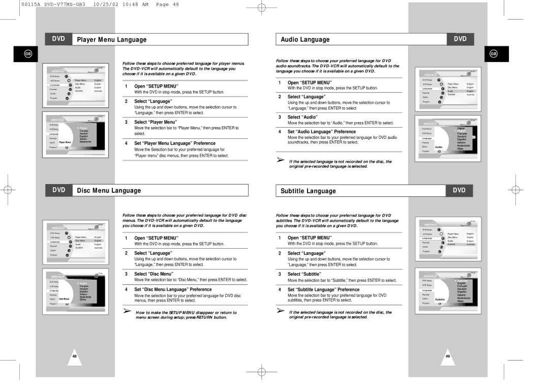 Samsung DVD-V77MS instruction manual DVD Player Menu Language Audio Language, DVD Disc Menu Language Subtitle Language 