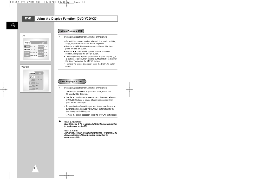 Samsung DVD-V77MS instruction manual Using the Display Function DVD/VCD/CD, When Playing a DVD 