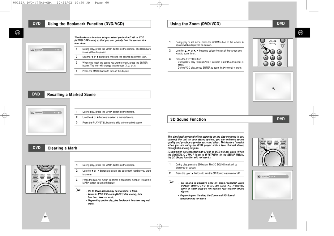 Samsung DVD-V77MS instruction manual Using the Zoom DVD/VCD, 3D Sound Function, Clearing a Mark 