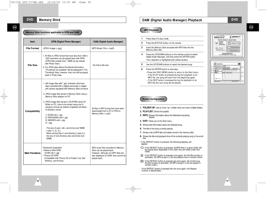 Samsung DVD-V77MS DAM Digital Audio Manager Playback, DPM Digital Photo Manager DAM Digital Audio Manager, MP3 Playback 