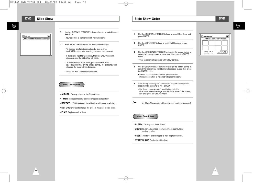 Samsung DVD-V77MS instruction manual Slide Show Order, Menu Description, Enter 