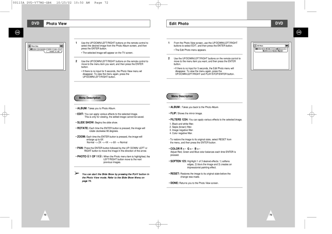 Samsung DVD-V77MS instruction manual Photo View, Edit Photo, Color R + G + B + 