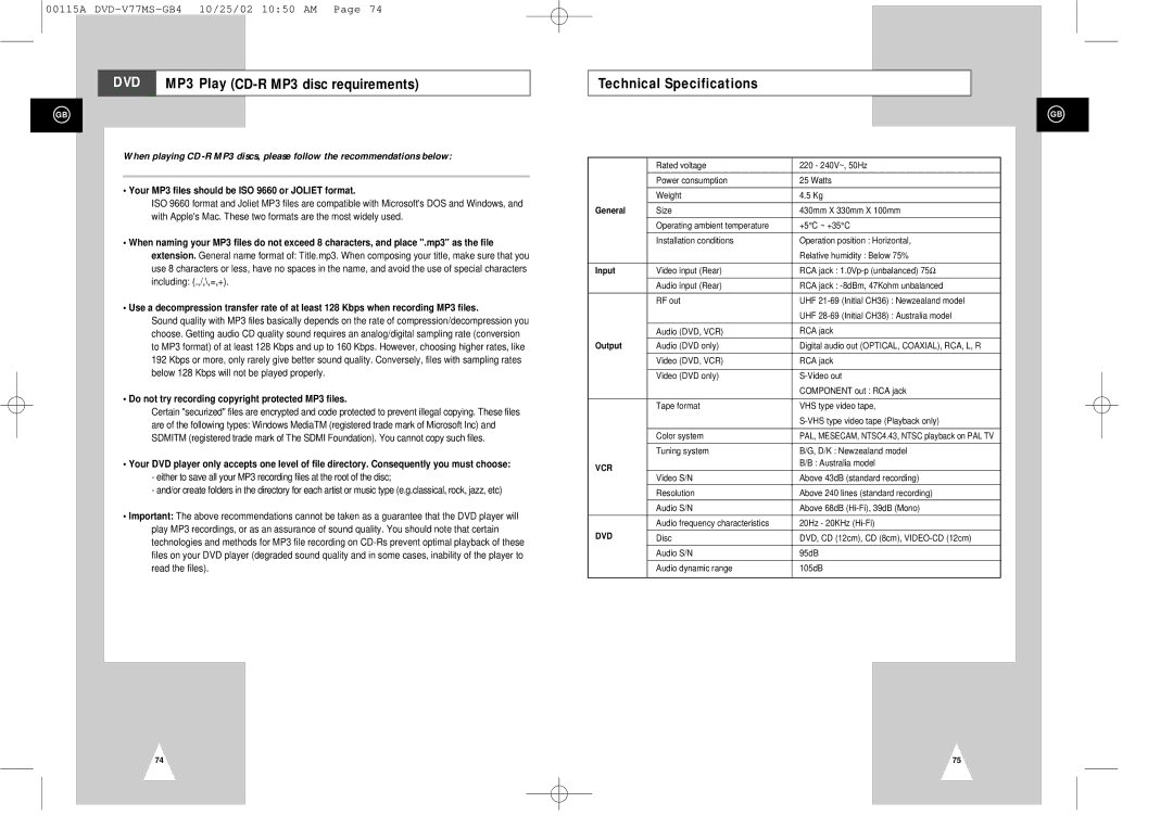 Samsung DVD-V77MS instruction manual DVD MP3 Play CD-R MP3 disc requirements, Technical Specifications 