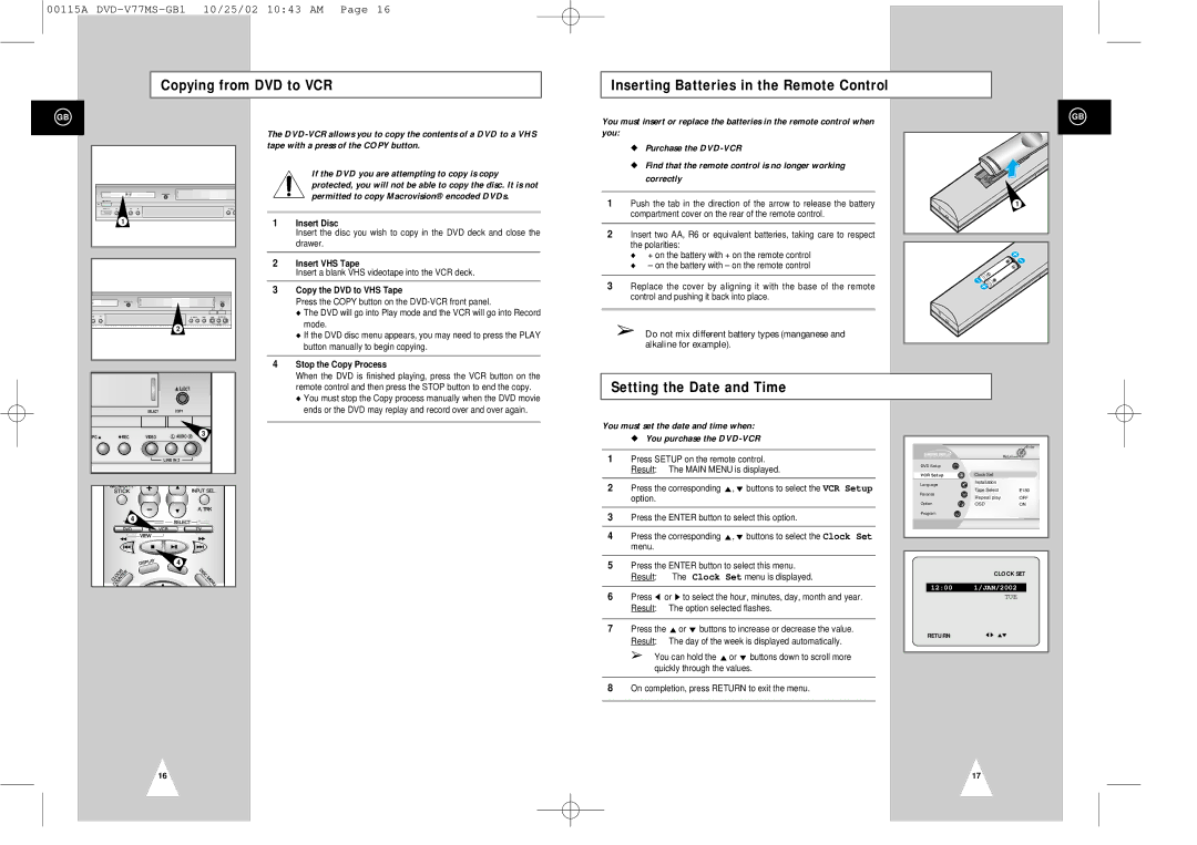 Samsung DVD-V77MS Setting the Date and Time, Insert Disc, Insert VHS Tape, Copy the DVD to VHS Tape, Stop the Copy Process 