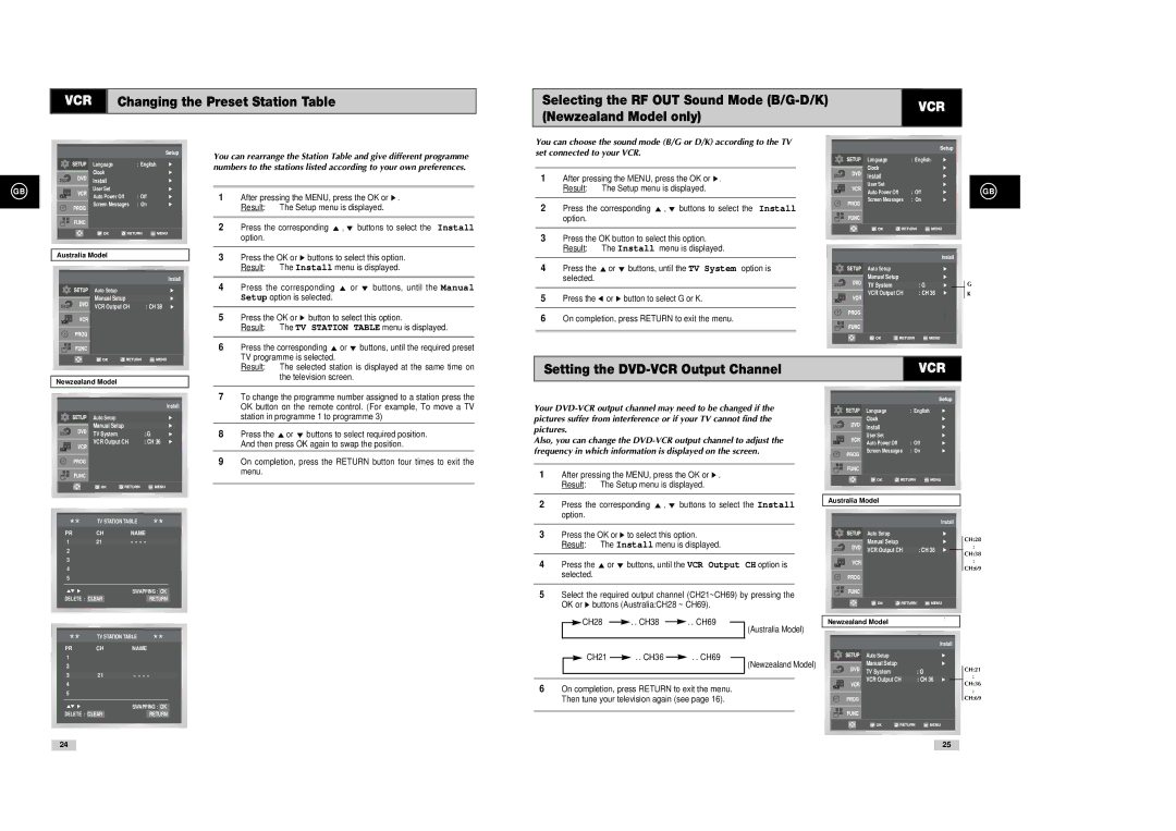 Samsung DVD-V85 Selecting the RF OUT Sound Mode B/G-D/K, Newzealand Model only, Setting the DVD-VCR Output Channel 