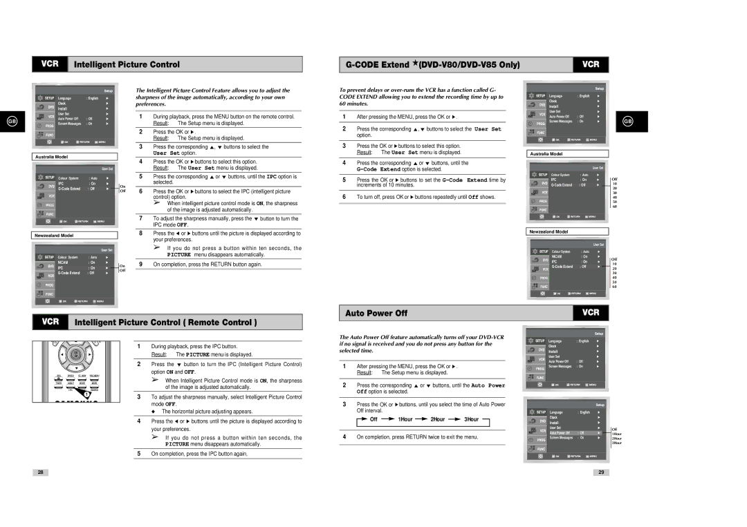Samsung DVD-V80, DVD-V85, DVD-V70 instruction manual Auto Power Off, Intelligent Picture Control Remote Control 