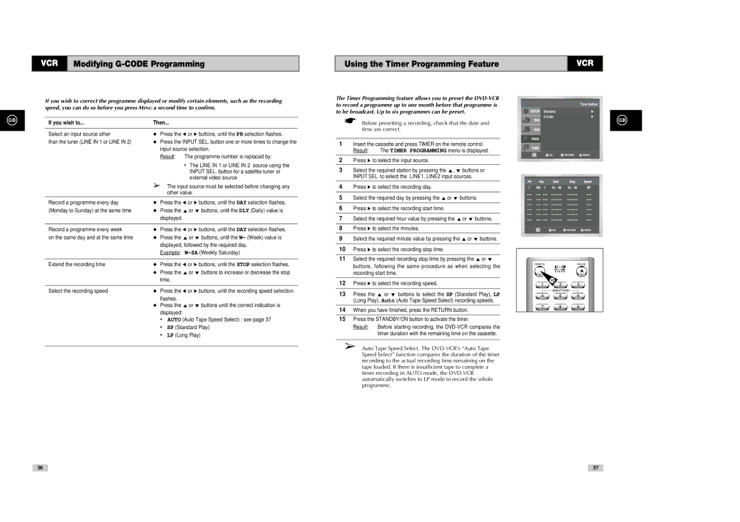 Samsung DVD-V85, DVD-V80 VCR Modifying G-CODE Programming, Using the Timer Programming Feature, If you wish to Then 