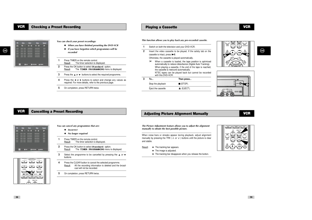 Samsung DVD-V70, DVD-V80, DVD-V85 instruction manual VCR Checking a Preset Recording Playing a Cassette, Then press 