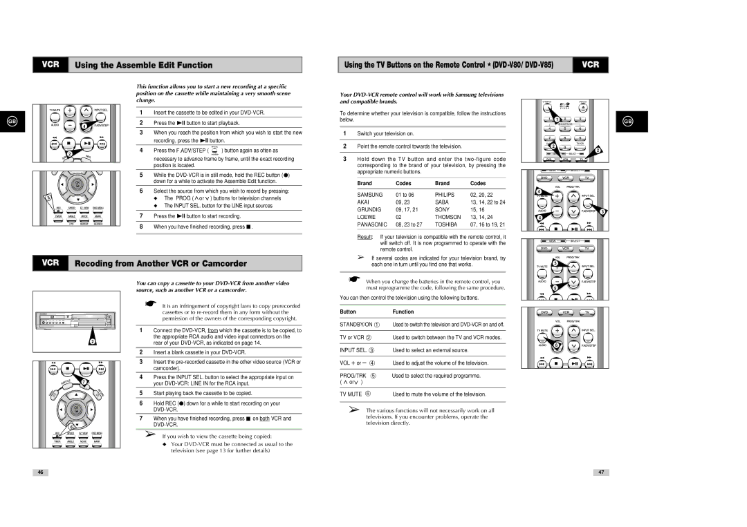 Samsung DVD-V80, DVD-V85, DVD-V70 instruction manual VCR Recoding from Another VCR or Camcorder, Brand Codes, Button Function 