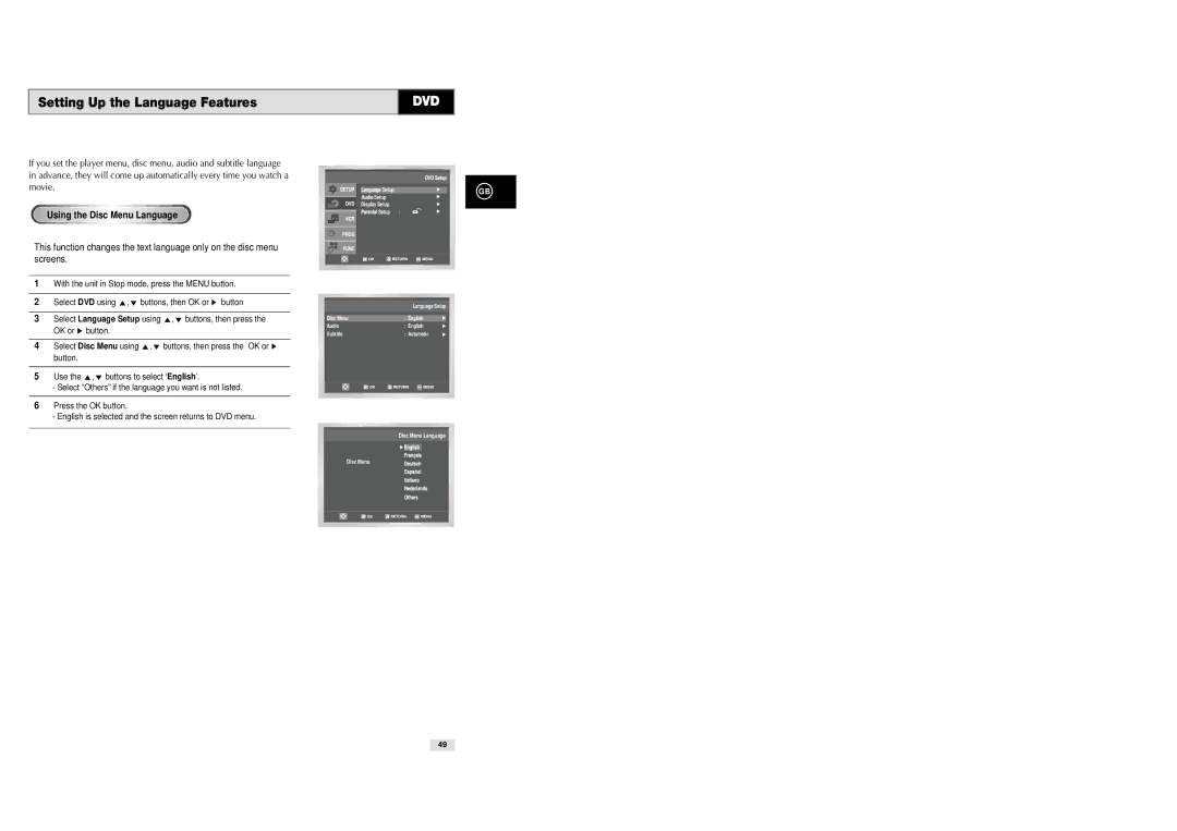 Samsung DVD-V70, DVD-V80, DVD-V85 instruction manual Setting Up the Language Features, Using the Disc Menu Language 