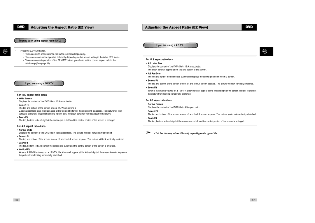 Samsung DVD-V80, DVD-V85, DVD-V70 instruction manual Adjusting the Aspect Ratio EZ View 