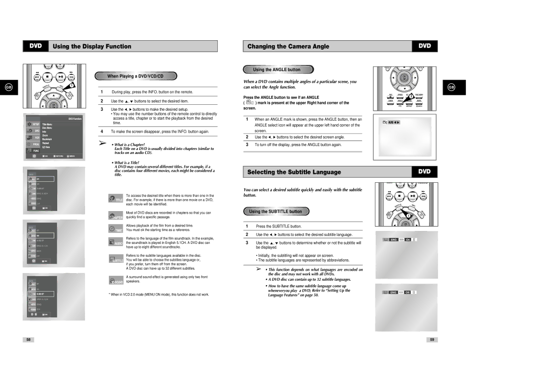 Samsung DVD-V85, DVD-V80, DVD-V70 DVD Using the Display Function Changing the Camera Angle, Selecting the Subtitle Language 