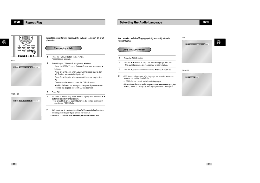 Samsung DVD-V70, DVD-V80, DVD-V85 DVD Repeat Play Selecting the Audio Language, When playing a DVD, Using the Audio button 