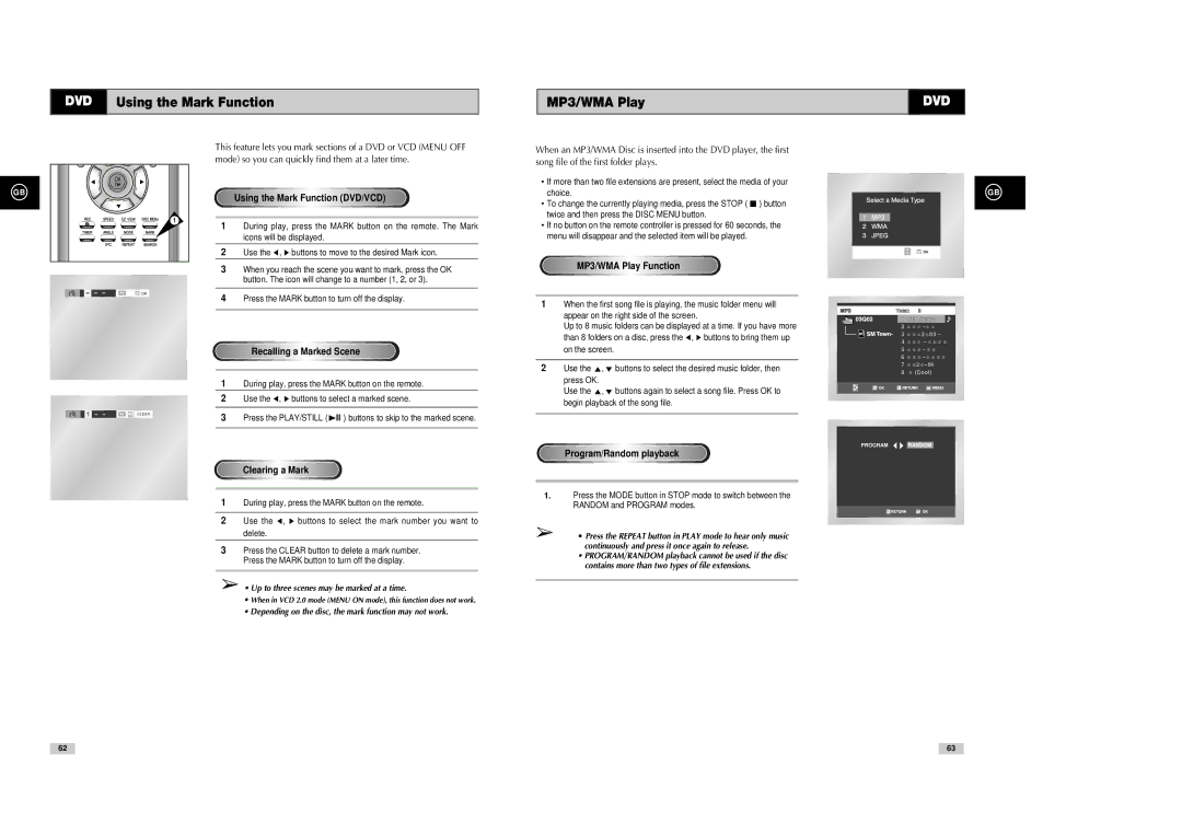 Samsung DVD-V80, DVD-V85, DVD-V70 DVD Using the Mark Function MP3/WMA Play, Up to three scenes may be marked at a time 