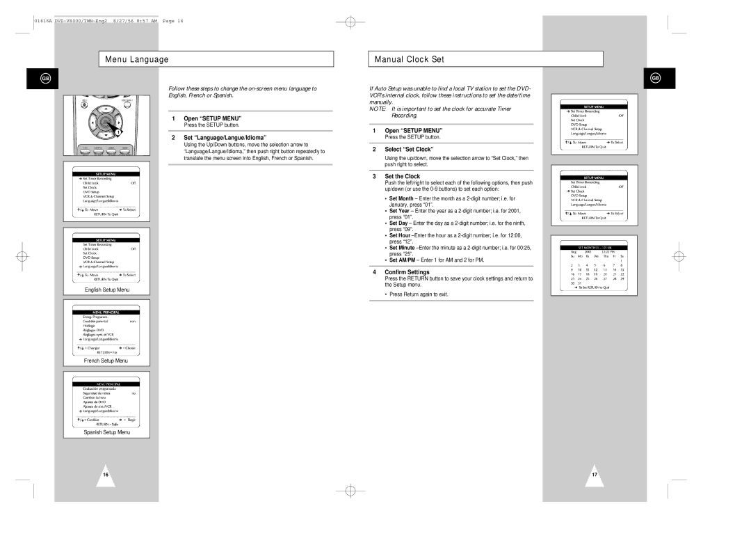 Samsung DVD-V8000 instruction manual Menu Language Manual Clock Set 