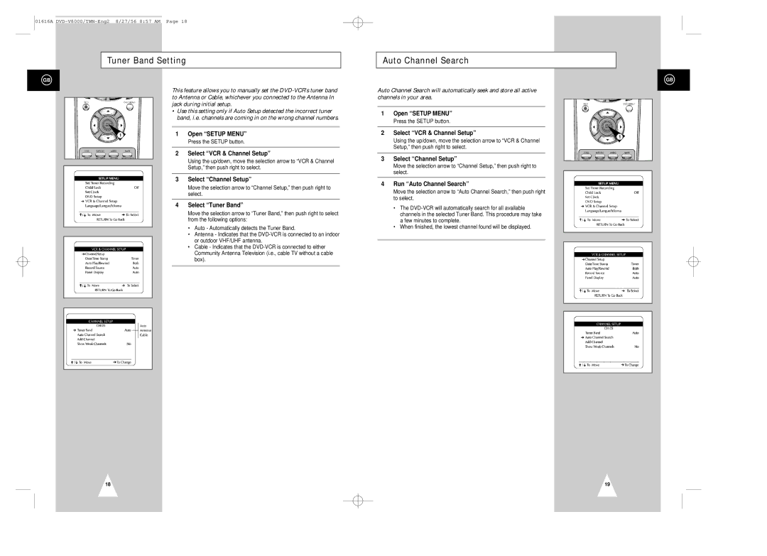 Samsung DVD-V8000 Tuner Band Setting Auto Channel Search, Select VCR & Channel Setup, Select Channel Setup 