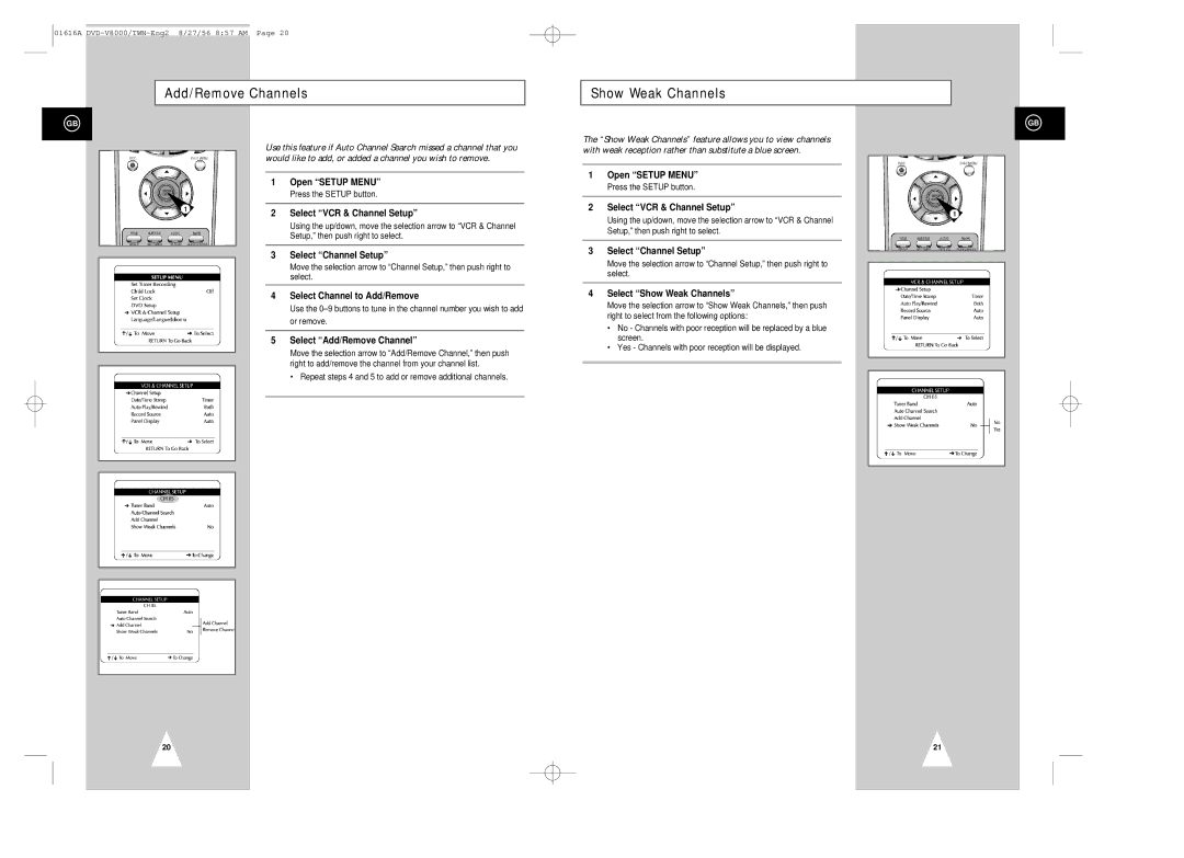 Samsung DVD-V8000 Add/Remove Channels Show Weak Channels, Select Channel to Add/Remove, Select Add/Remove Channel 