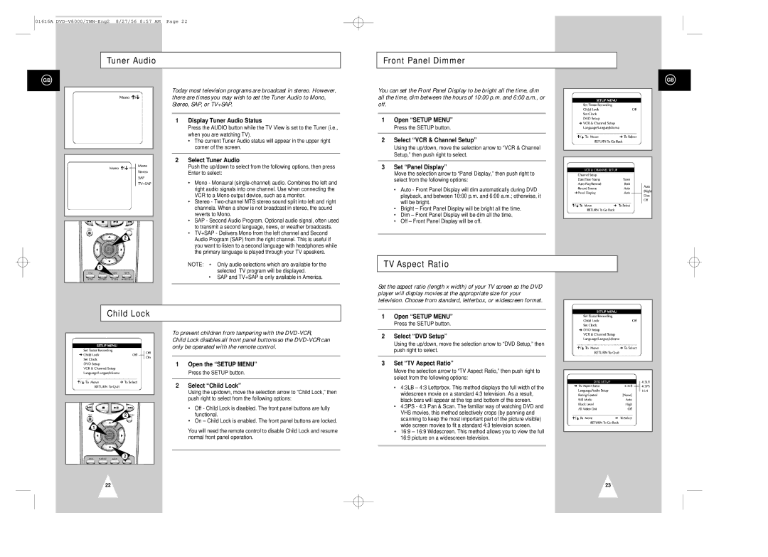 Samsung DVD-V8000 instruction manual Tuner Audio Front Panel Dimmer, TV Aspect Ratio, Child Lock 