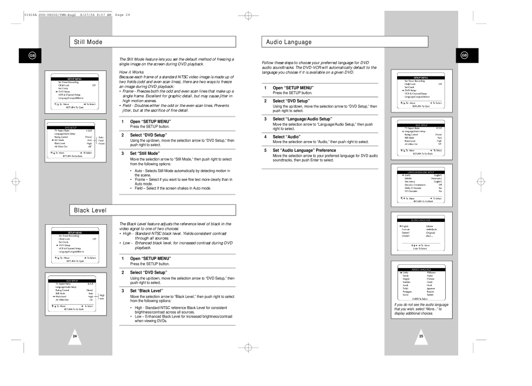 Samsung DVD-V8000 instruction manual Still Mode, Black Level, Audio Language 